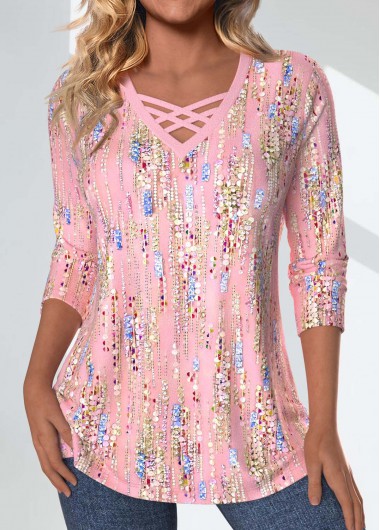 Modlily Light Green Criss Cross Geometric Printed Non-sequined T Shirt