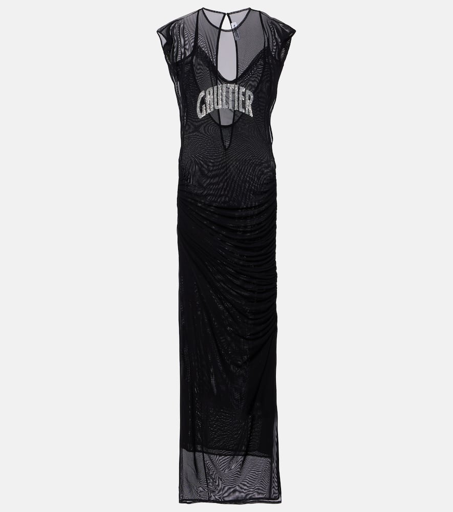Logo sequined mesh maxi dress