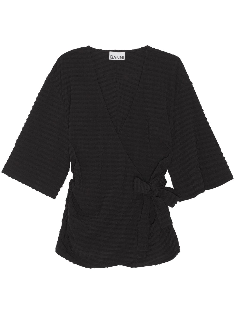 V-neck seersucker tied blouse - Black