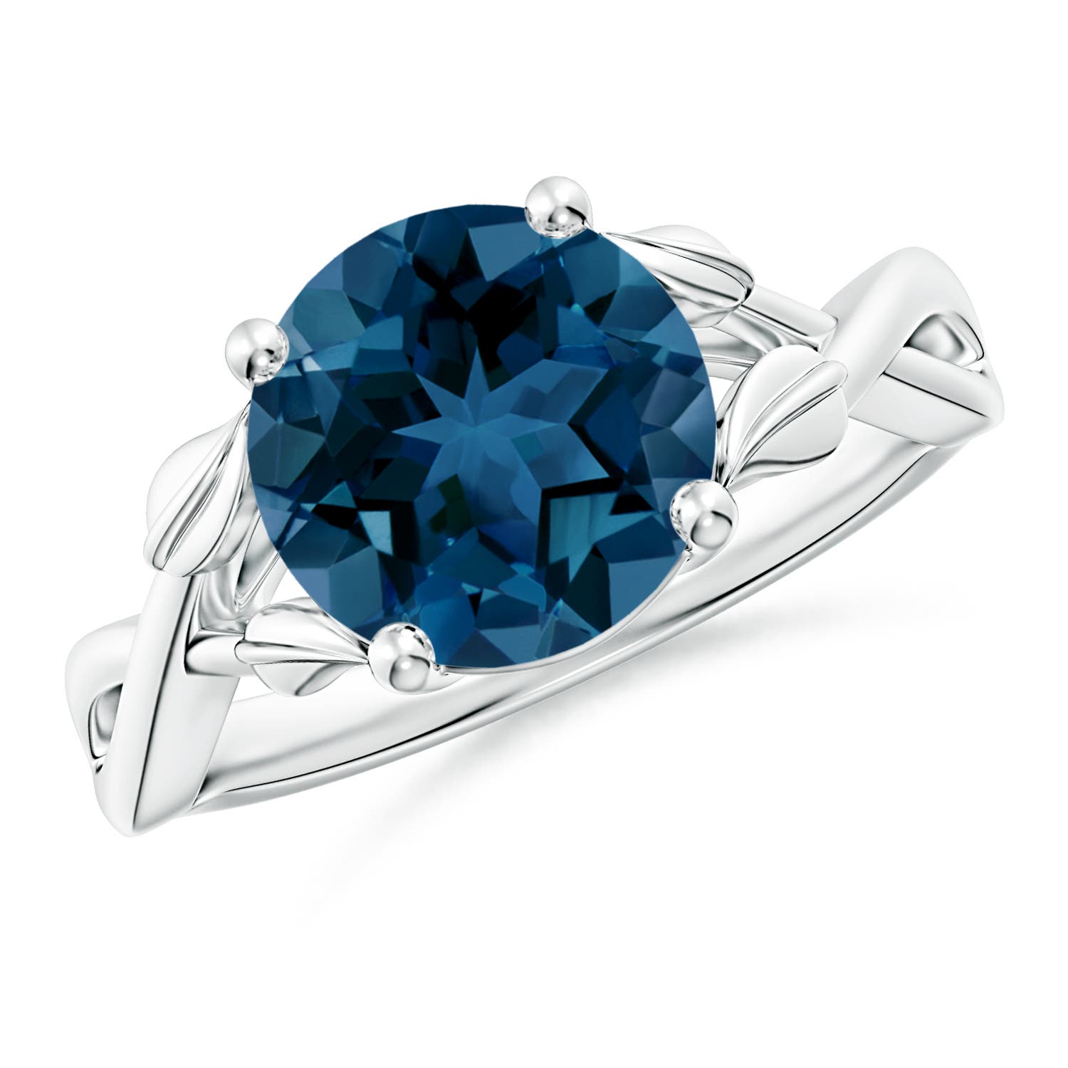 Angara 3.3 Carats Nature Inspired London Blue Topaz Crossover Ring with Leaf Motifs in Platinum