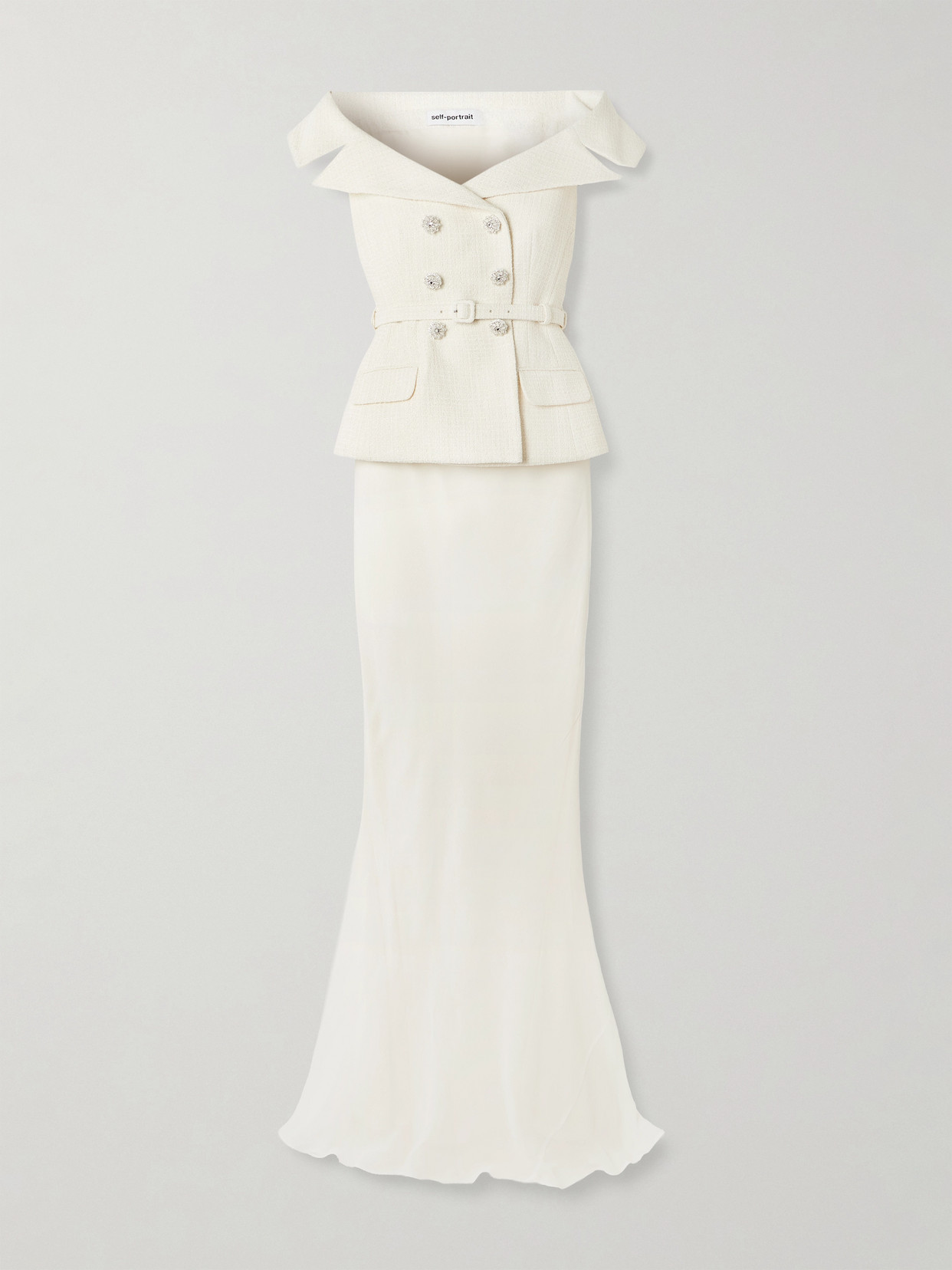 Off-the-shoulder Belted Metallic Bouclé And Crepe Maxi Dress