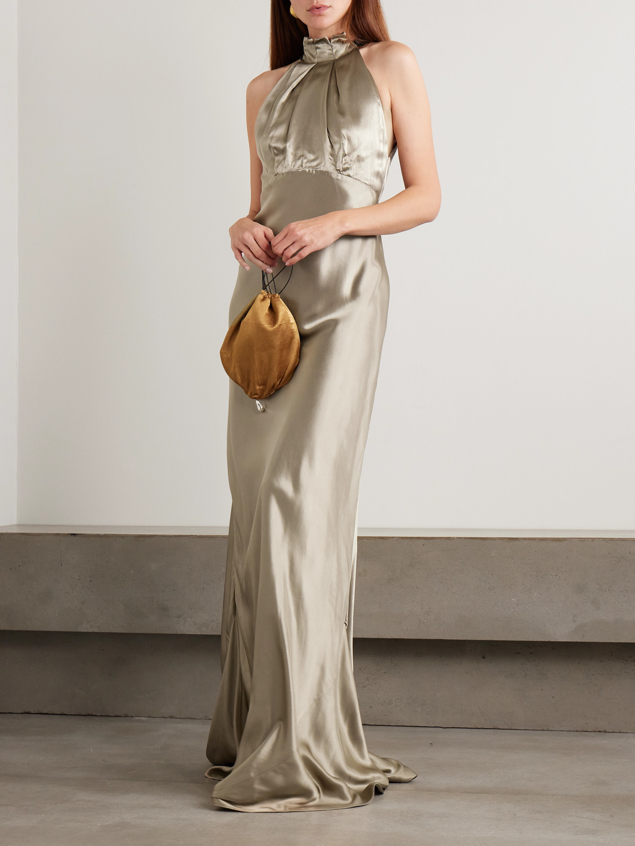 Michelle Velvet-trimmed Open-back Satin Gown - Gold