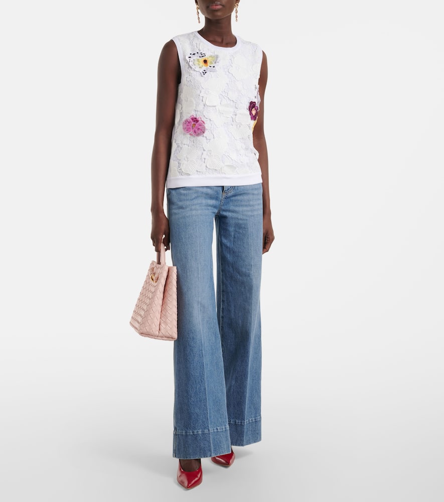 Lace-trimmed floral-appliqué cotton-blend top