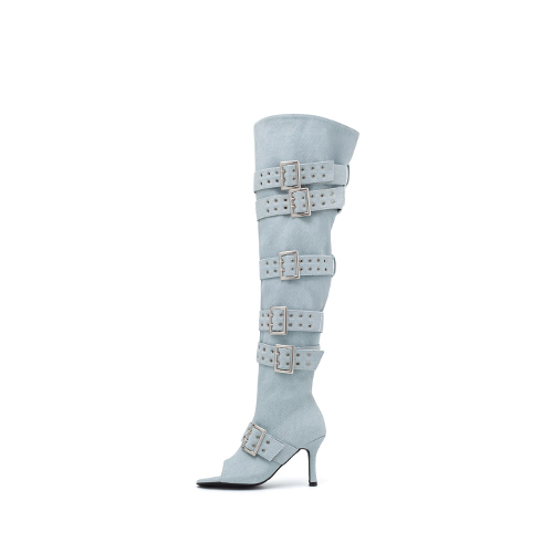 Denim Buckle Open-Toe Boot Heel