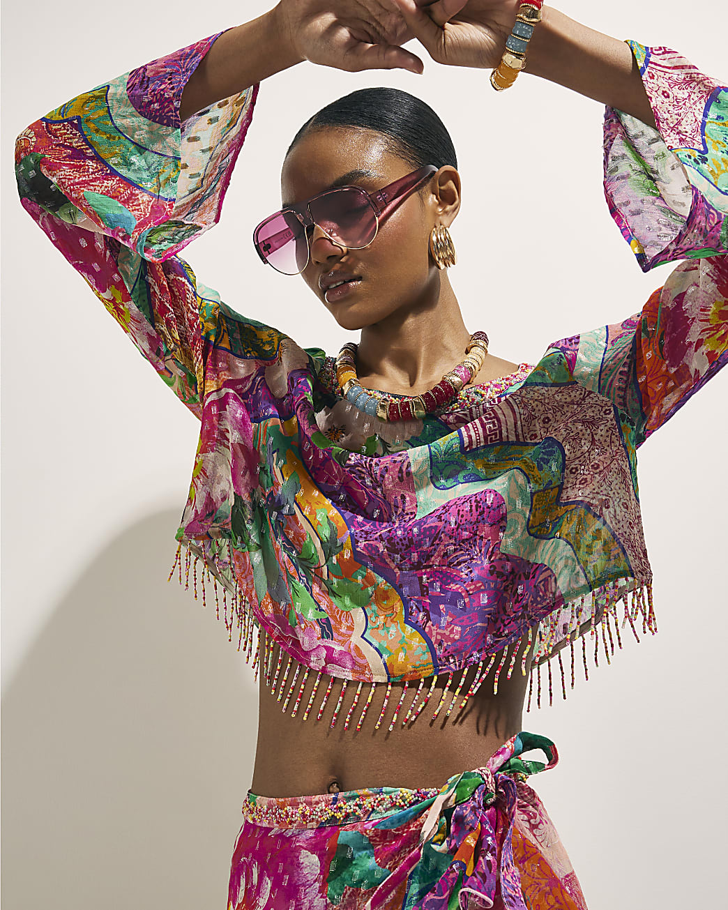 River Island Womens Crop Top Pink Beaded Fringe Beach Floral Del Maar Viscose - Sma