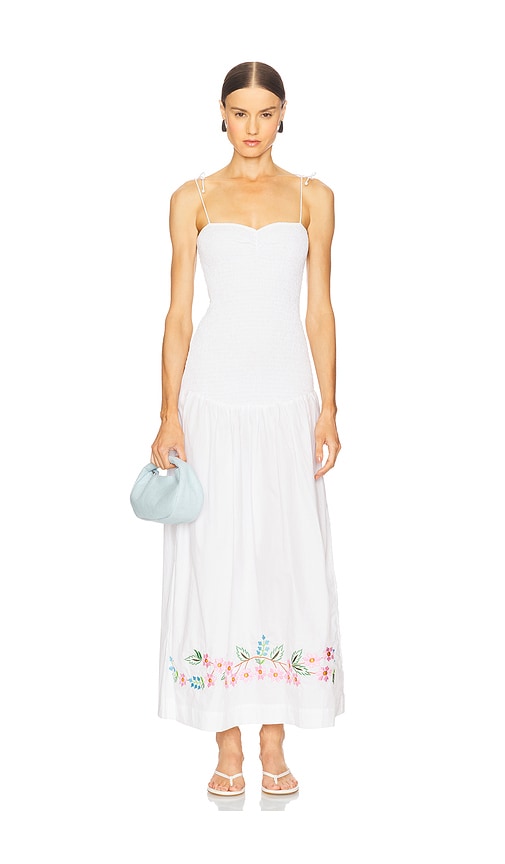 SWF Shirred Embroidered Drop Hem Maxi Dress in White.  XL. Also in L, M