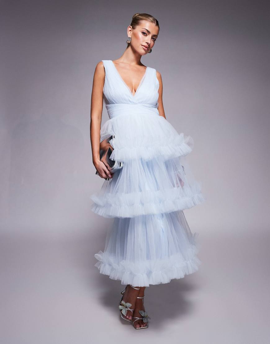 Lace & Beads ruffle tiered midaxi dress in sky blue