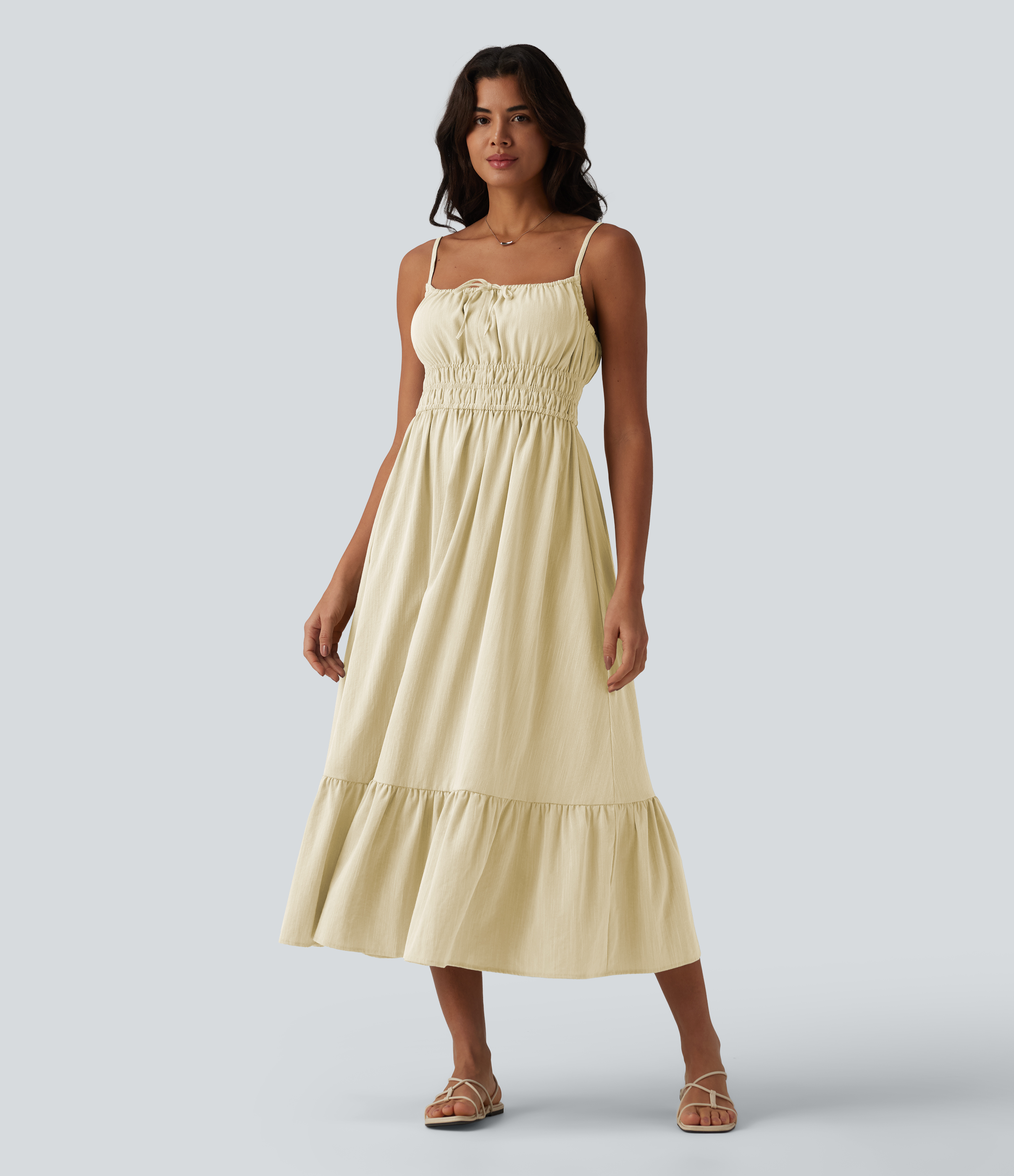 Tie Front Flowy Midi Casual Linen-Feel Slip Dress Casual Dress - Sunveil Cream Yellow