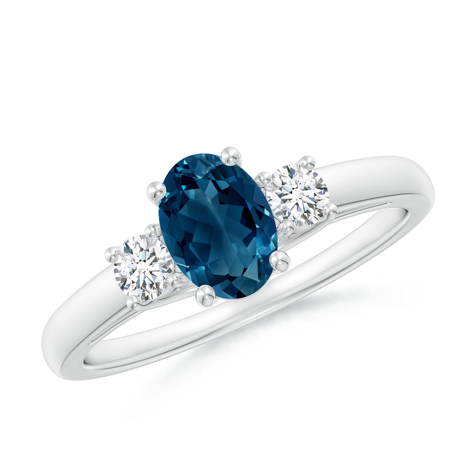 Angara 0.95 Carat Oval London Blue Topaz and Round Diamond Three Stone Ring in Silver