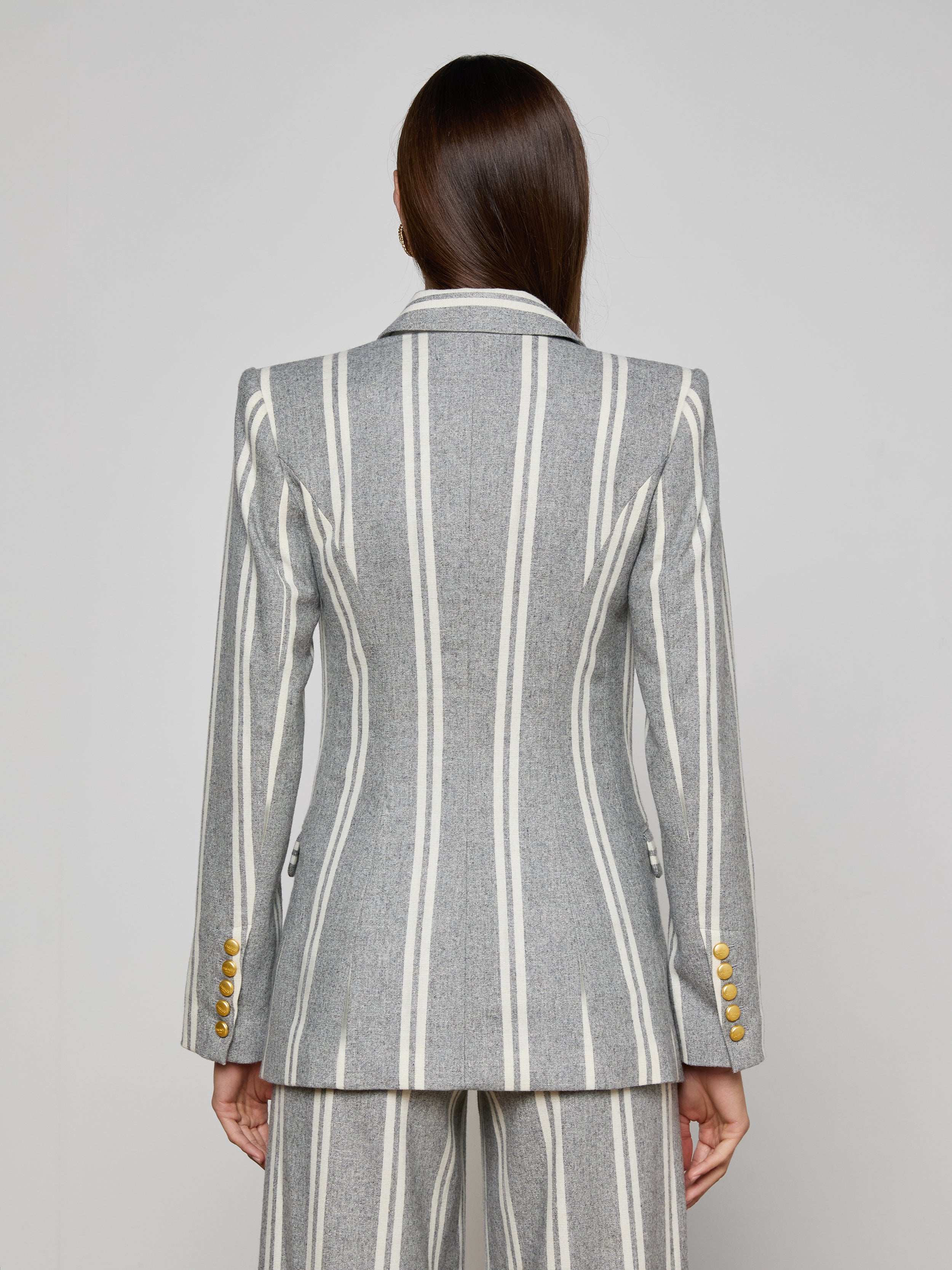 Kendi Longline Blazer In Grey/ivory Stripe