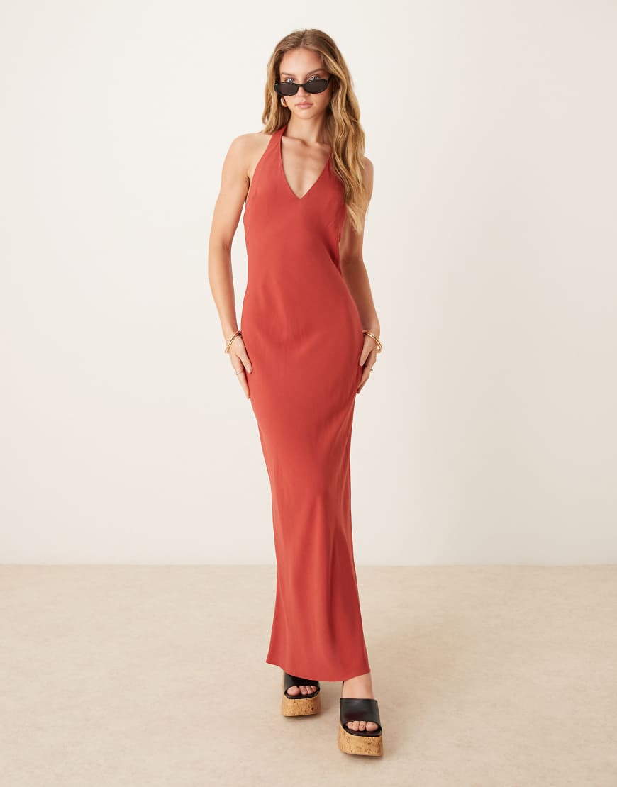 Linen blend halter maxi dress in brick red
