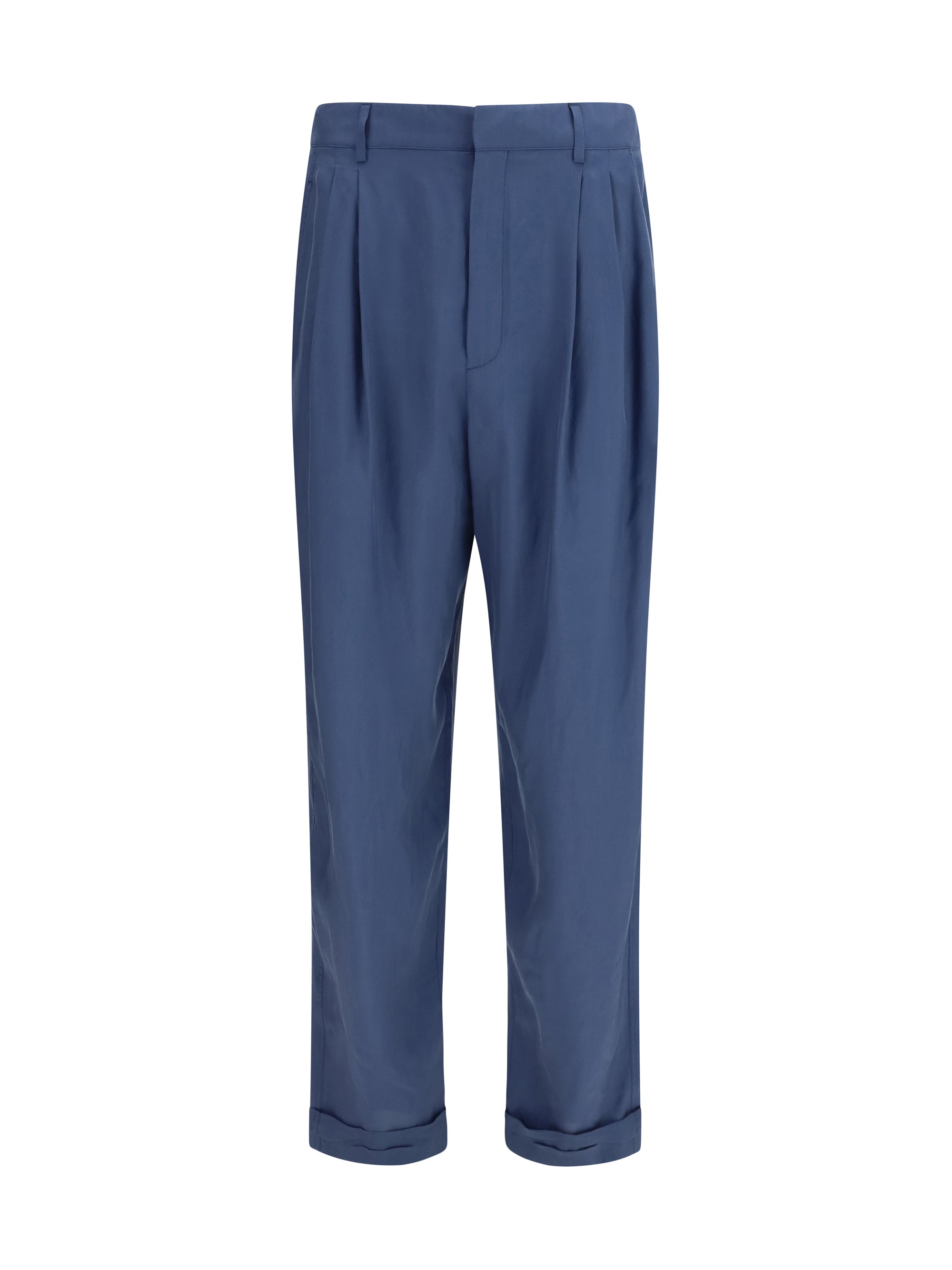 Silk Carrot-Cut with Pleats Trousers — Blue