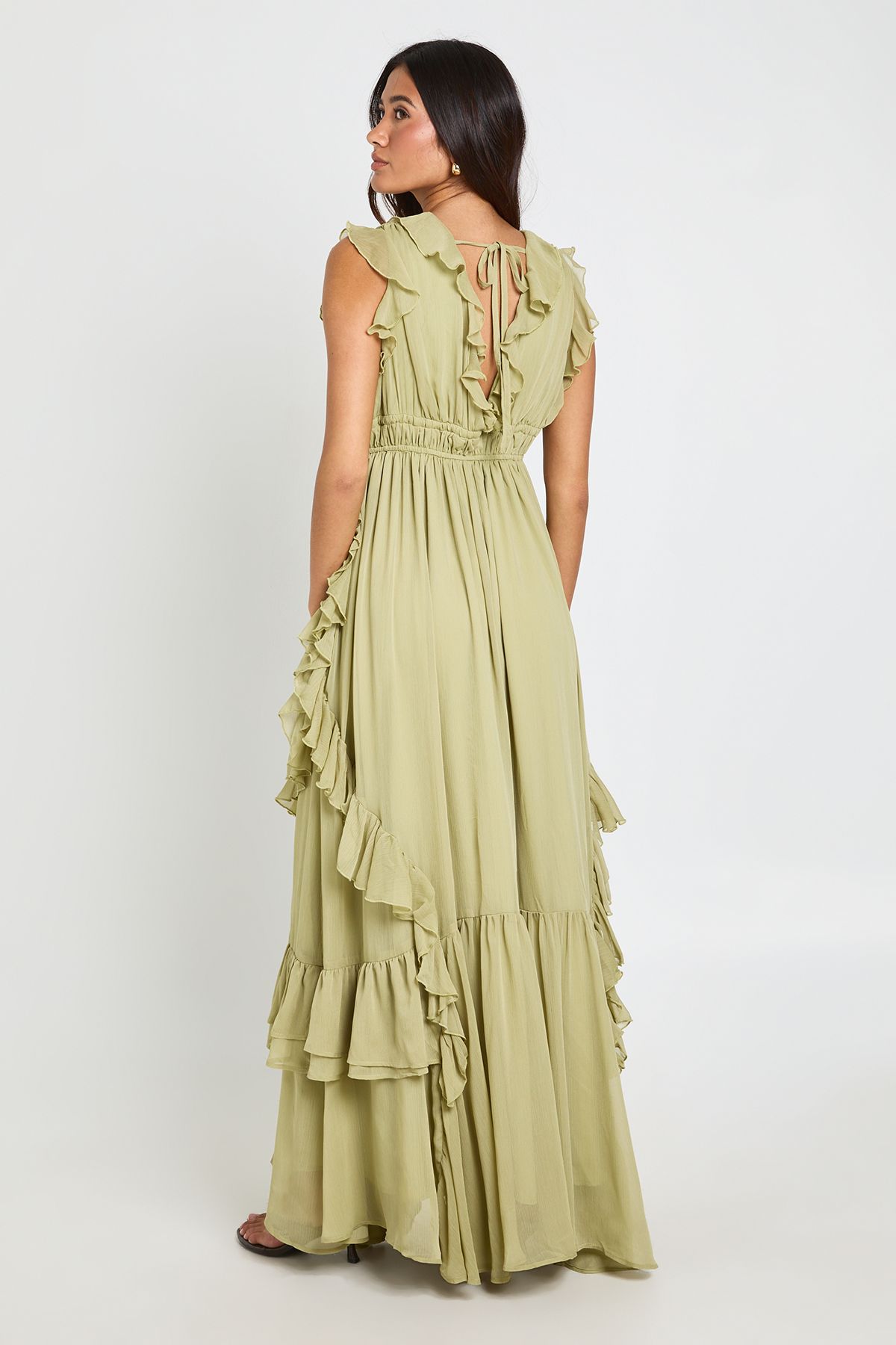 Boohoo Womens Chiffon Ruffle Detail Floaty Maxi Dress - Green