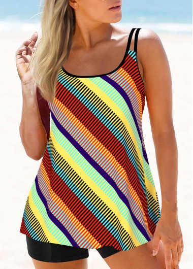 Modlily Double Straps Color Block Striped Tankini Top