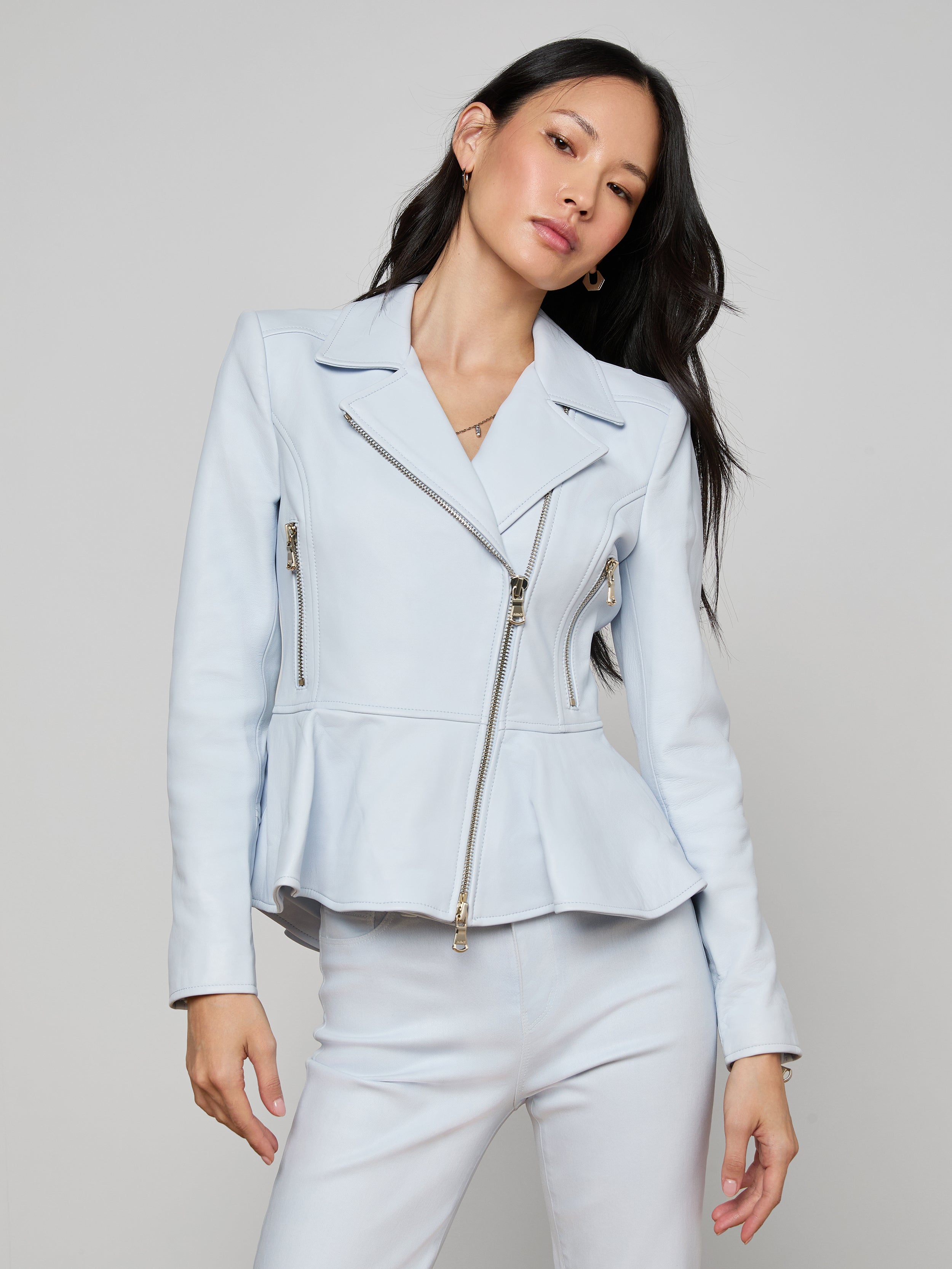 Lyric Peplum Biker Jacket In Pale Mist Blue