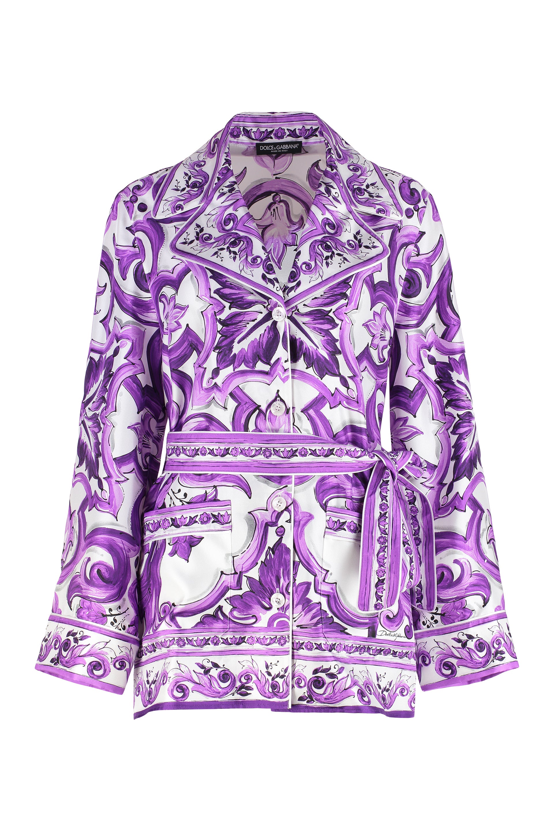 Printed Silk Twill Shirt with Belt and Side Slit Hem