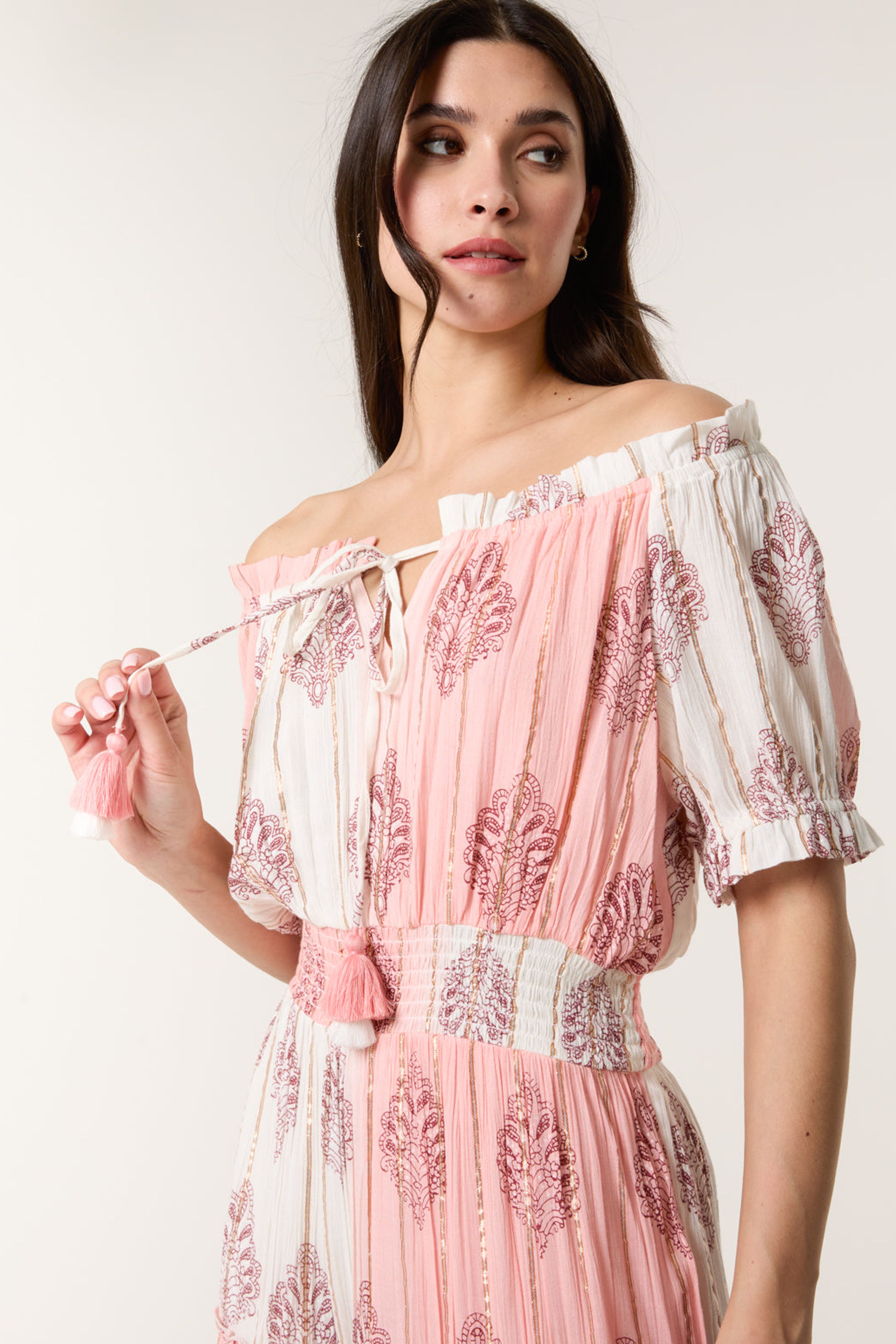 Blue Vanilla Women's Shirred Waist Pink Short Sleeve Round Neck Midi Dress | : Mediu