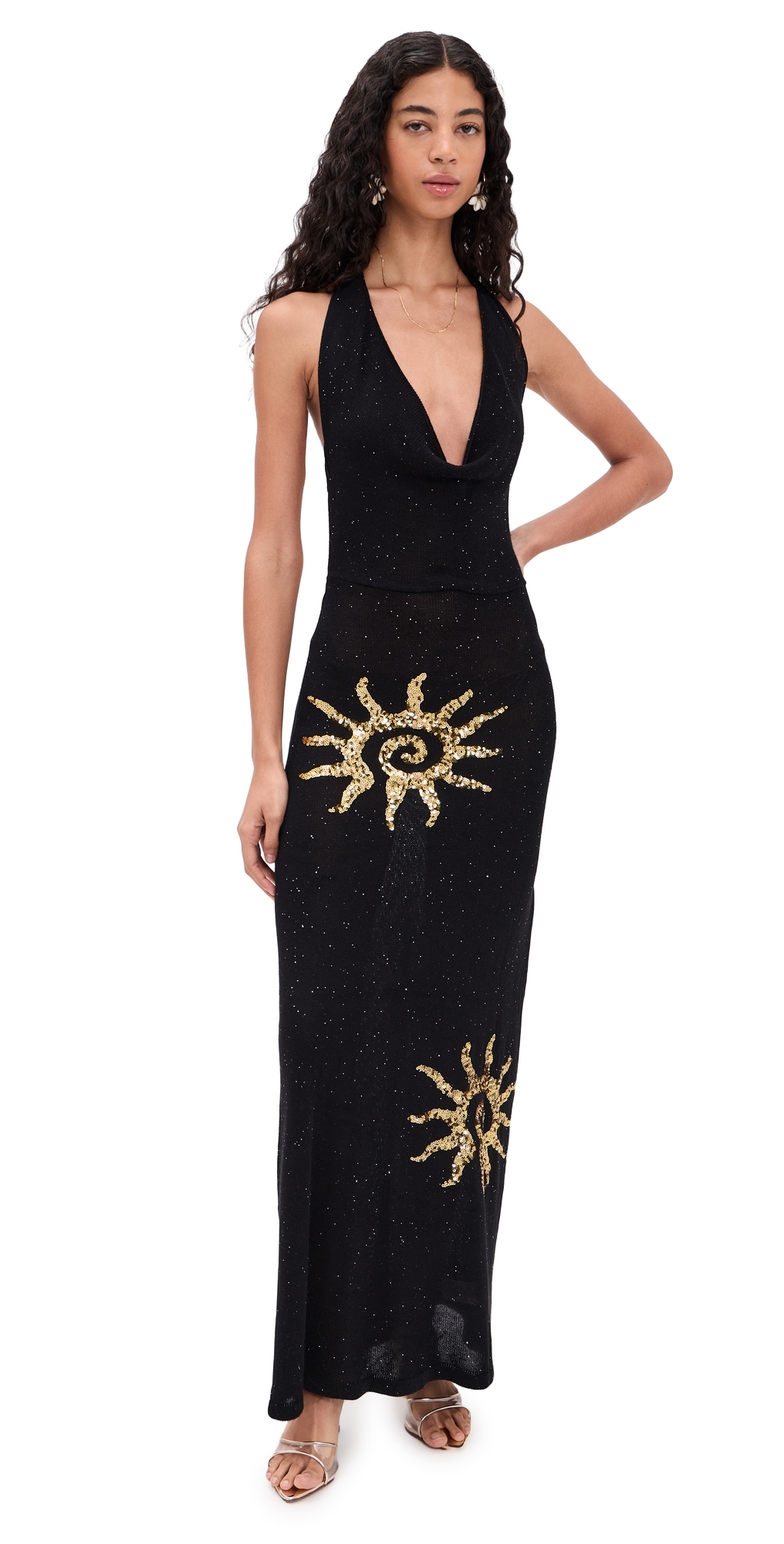 Yasmina Plunge Cowl Knit Maxi Dress Black