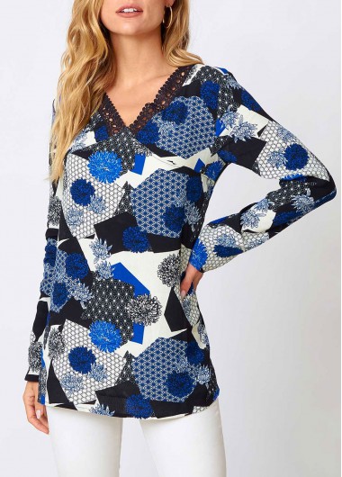 Modlily Lace Panel V Neck Floral Print Blouse