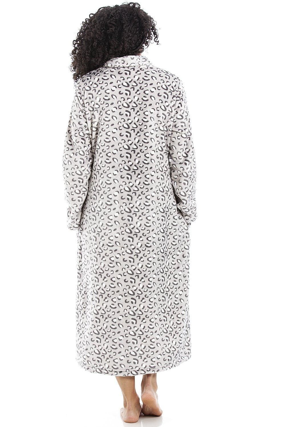 Camille Women's Supersoft Fleece Zip Up Animal Print Robes in Light Grey