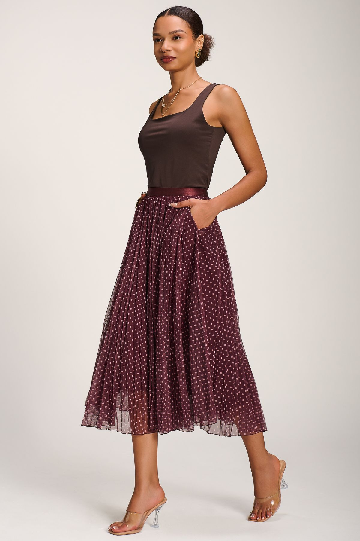 Jolie Moi Women's Print Crinkle Mesh Midi Skirt in Burgundy