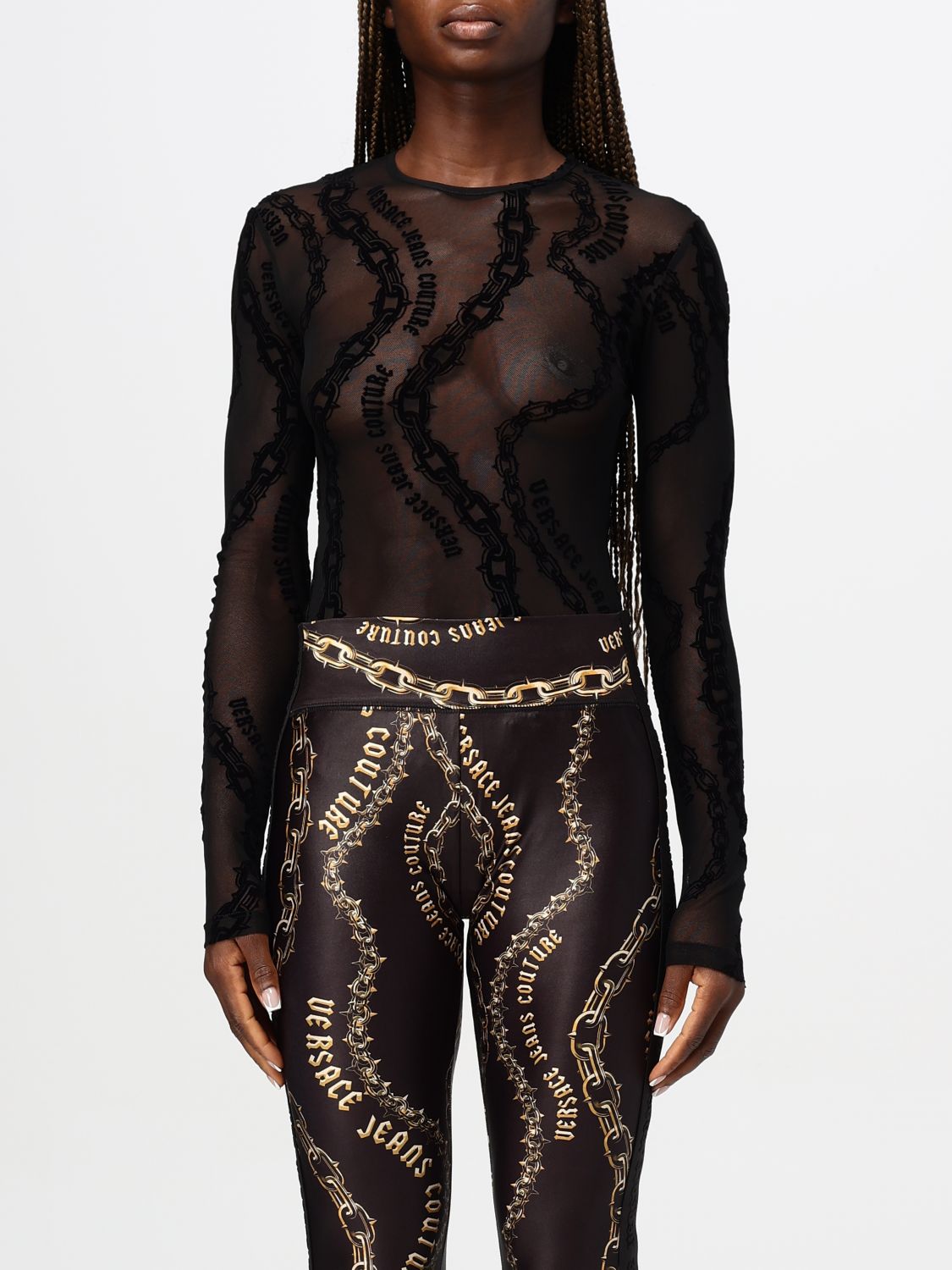 Chain Couture-print tulle bodysuit - Black