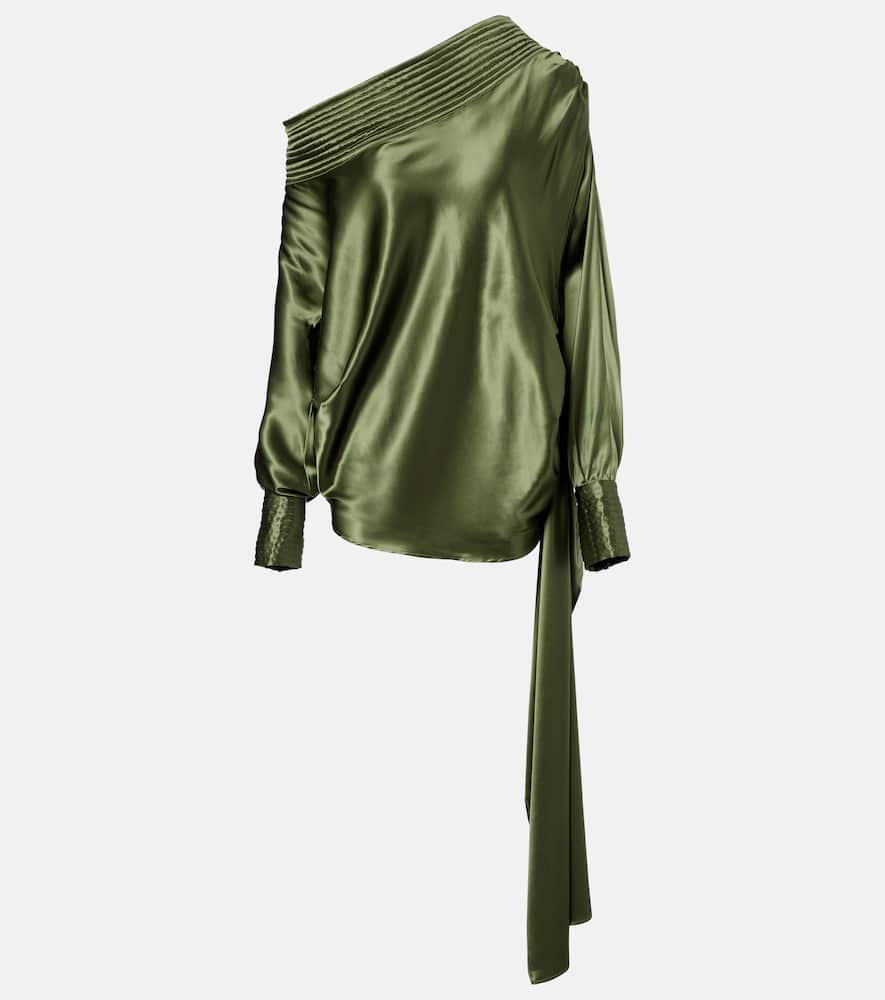 Asymmetric draped silk-blend satin top