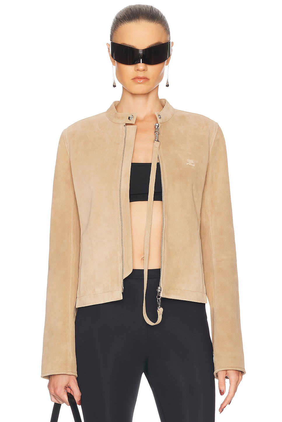 Courreges Zipped Leather Biker Jacket in Fawn - Beige.  36 also in