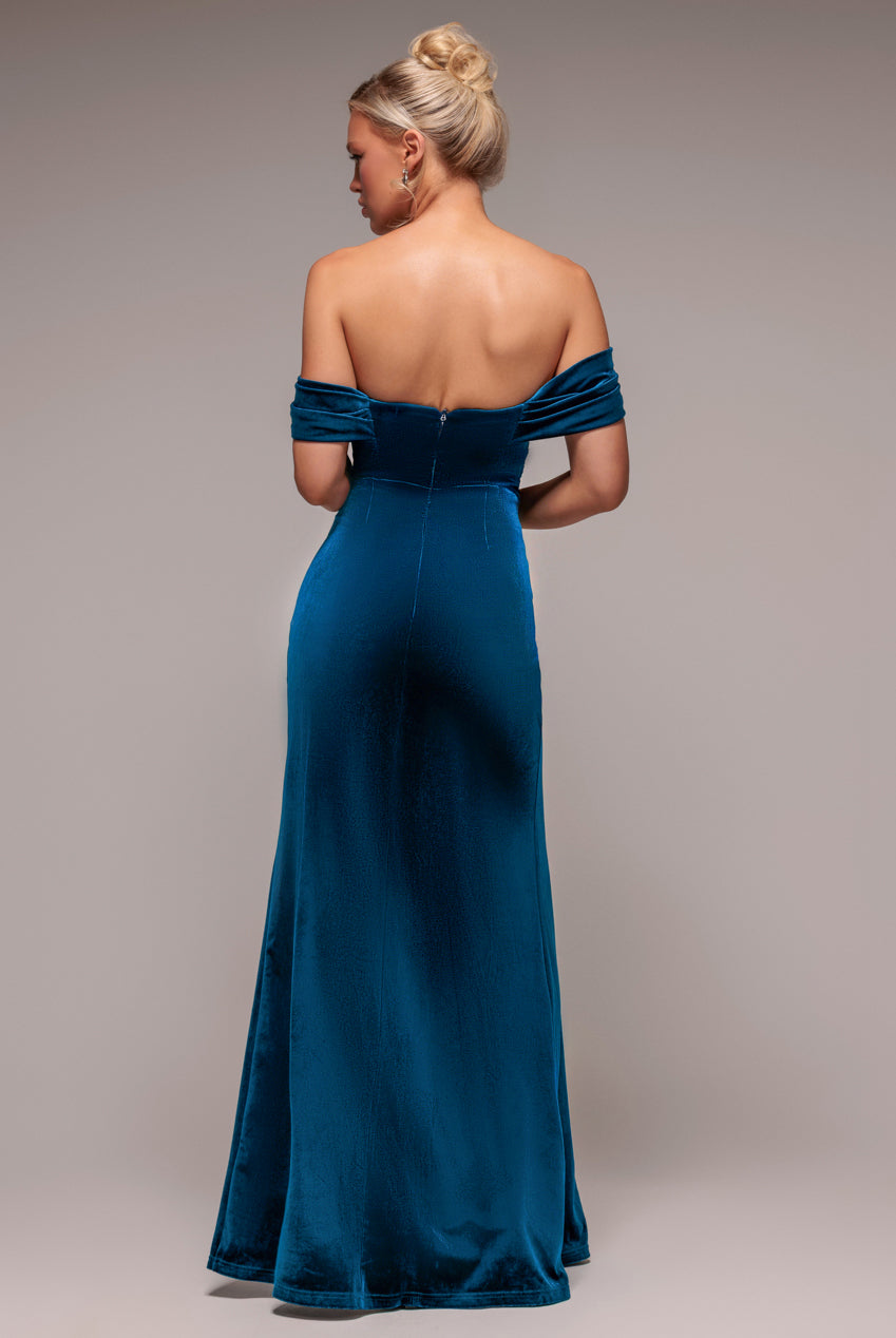 Goddiva Off The Shoulder Front Split Velvet Maxi Dress - Tea