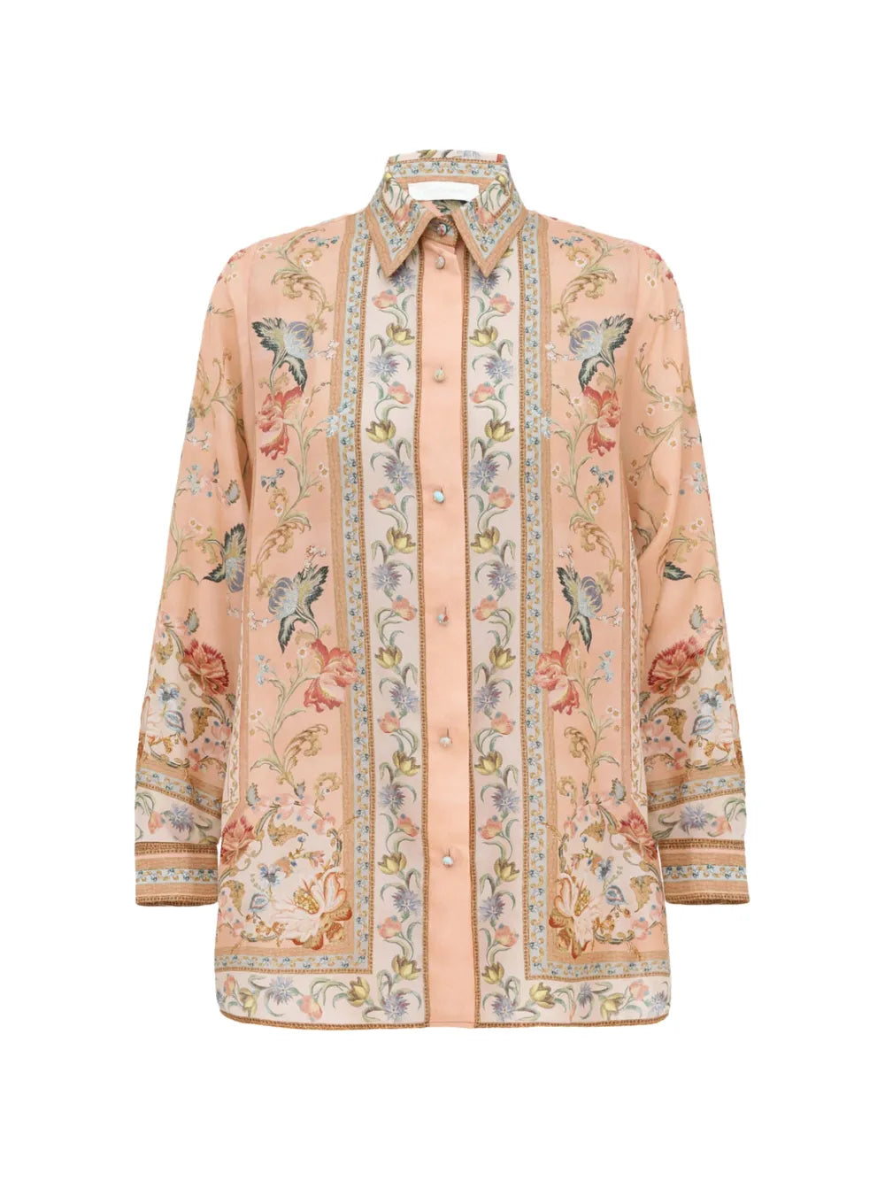 Floral-Print Silk Blouse — Peach