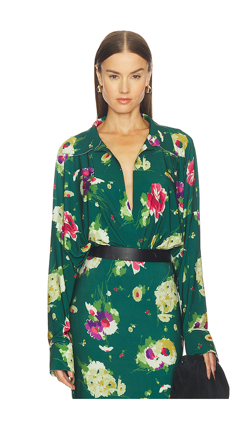 Norma Kamali Super Oversized Boyfriend Shirt Bodysuit in Green. S. Also in