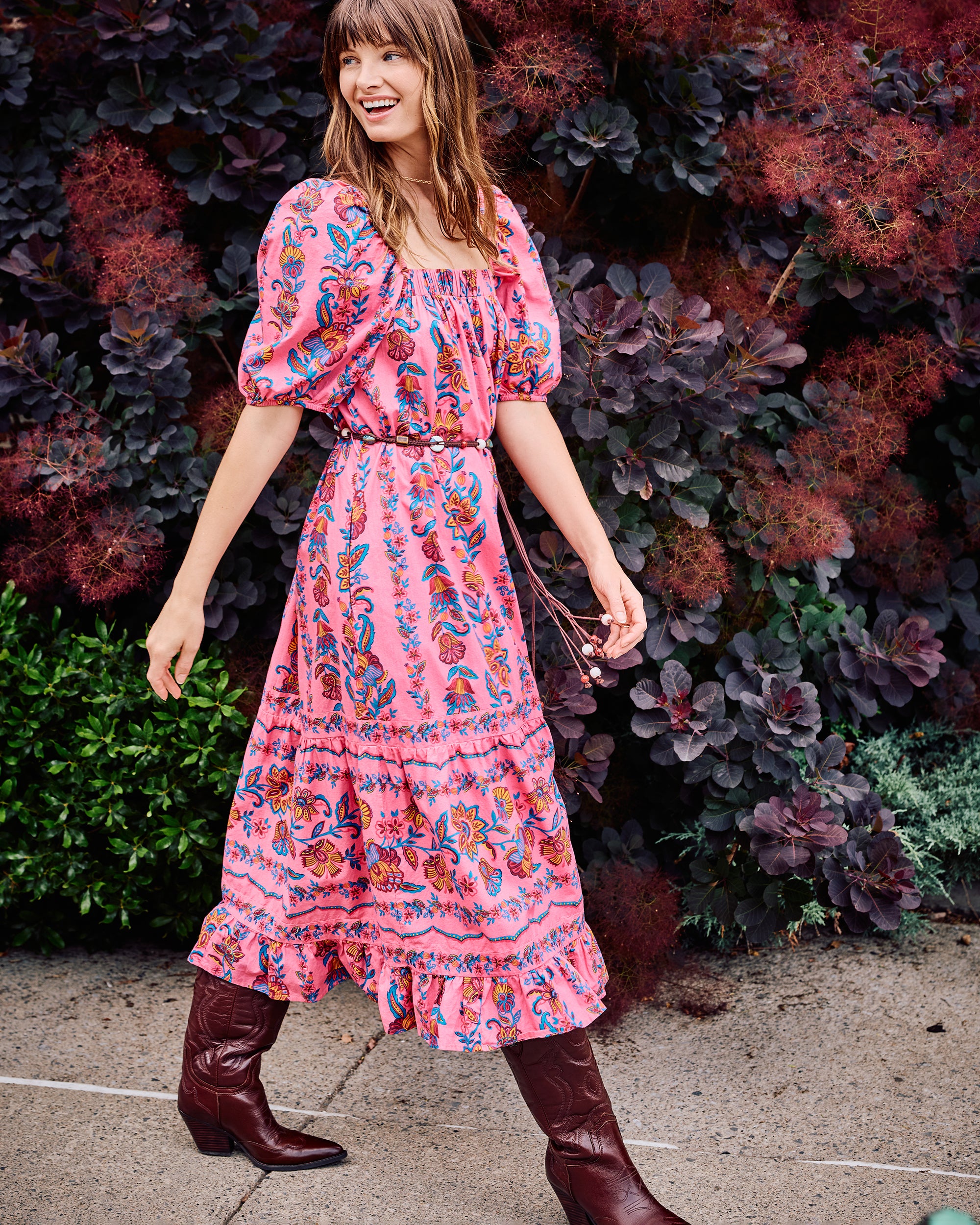 Organic Cotton Puff Sleeve Maxi Dress in Folklore Flowers | Women's S | Pink