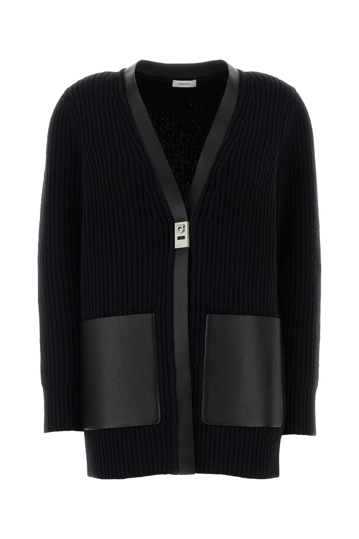 Wool with Leather Pocket Trim Cardigan — Black