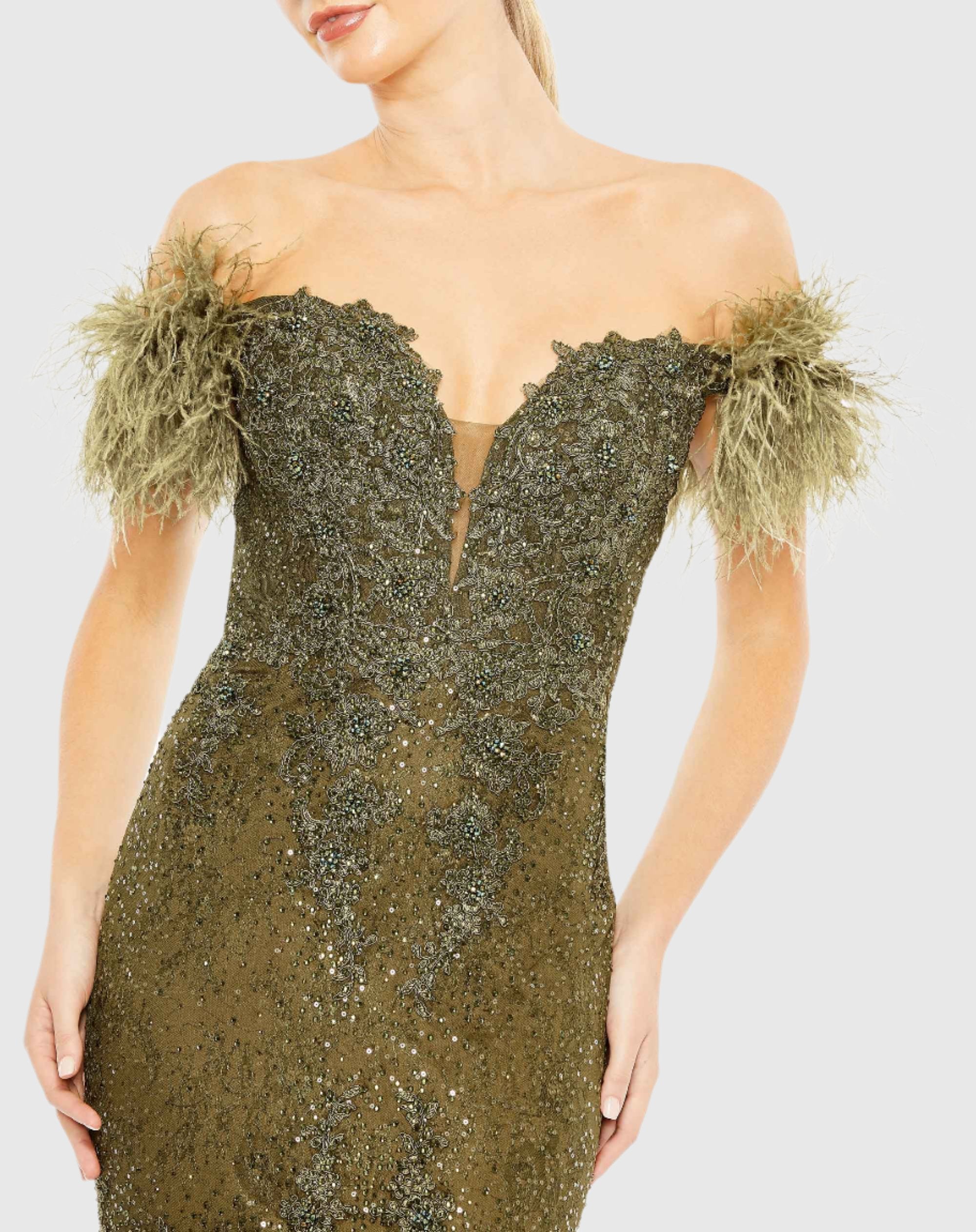 Green Feathered Crystal Embellished Sleeveless Wedding Guest Maxi Gown In
