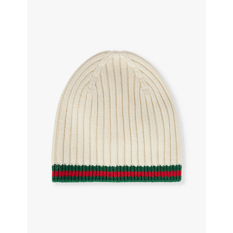Off White/d.green Web-stripe Ribbed-knit Wool Beanie Hat
