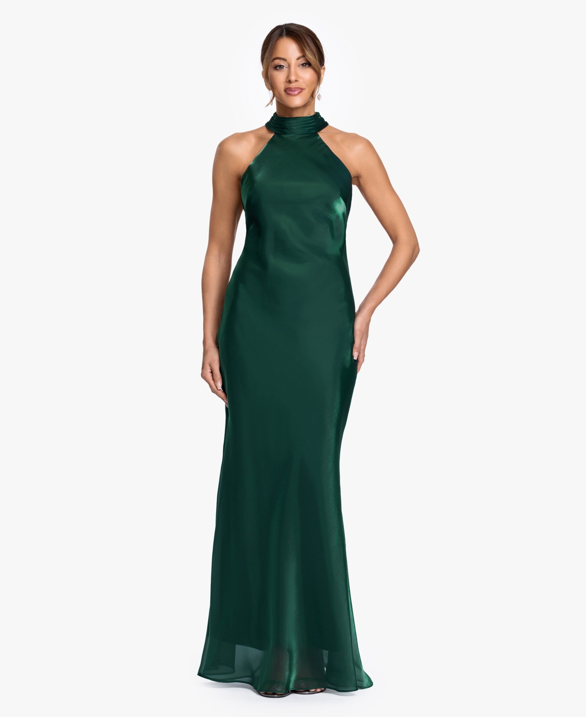 Women's Halter Neck Metallic Organza Ball Gown - Hunter
