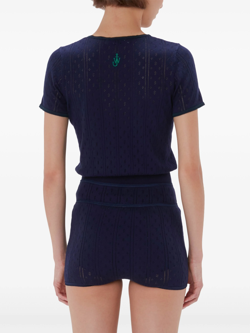 Logo-embroidered pointelle top - Blue