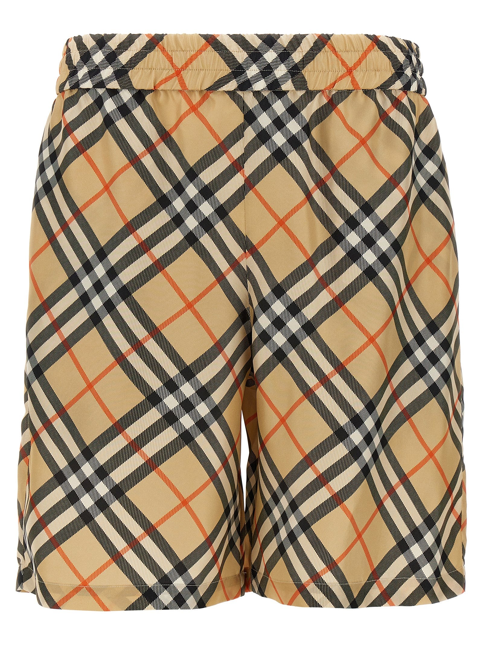 Check-Print Mulberry Silk Bermuda Shorts — Beige