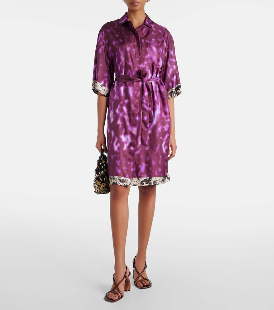 Belted printed silk shirt dress