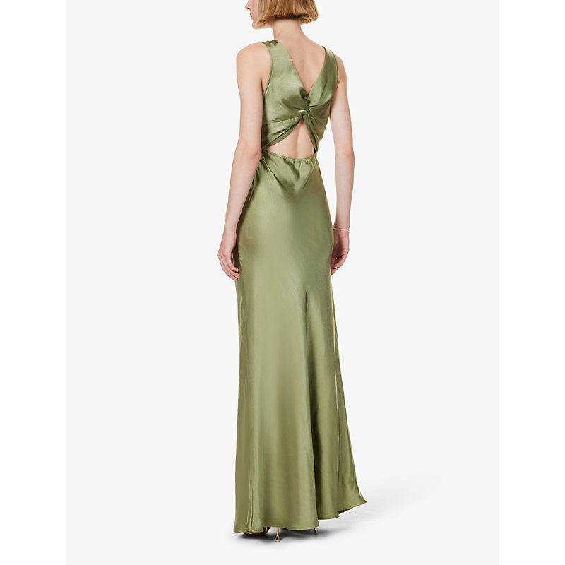 Womens Moss Green Twist-back V-neck Satin Maxi Dress