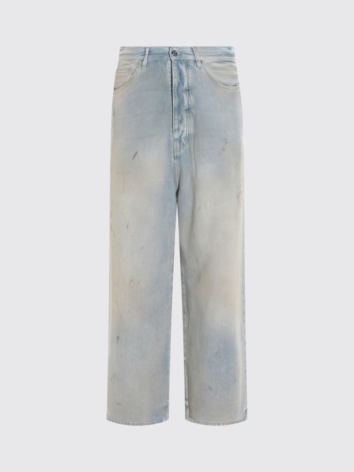 Wide Leg Cotton Denim Jeans with Distressed Effect and Mid-Rise Waist