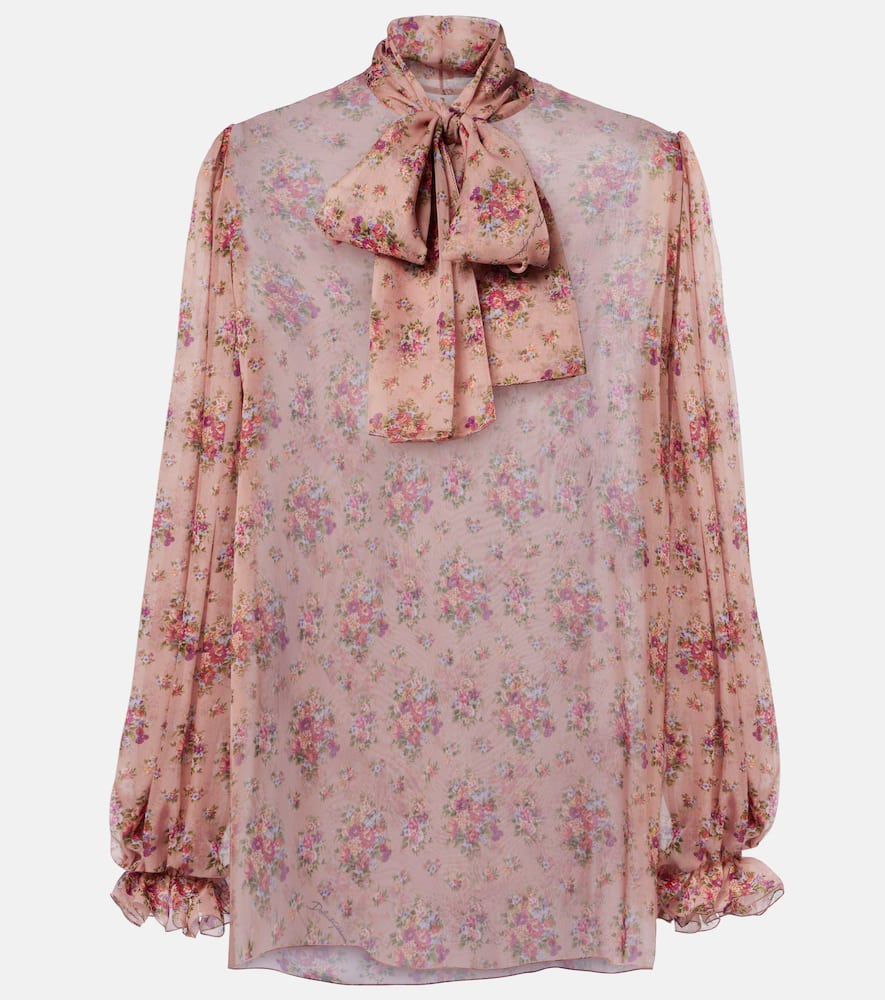 Floral tie-neck silk blouse