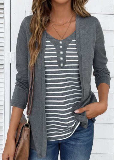 Modlily Dark Grey Marl Striped Fake Two Piece Twinset