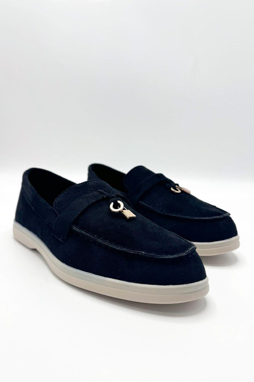 Miss Diva Tonya Charm Detail Slip-On Faux Suede Loafers In Black