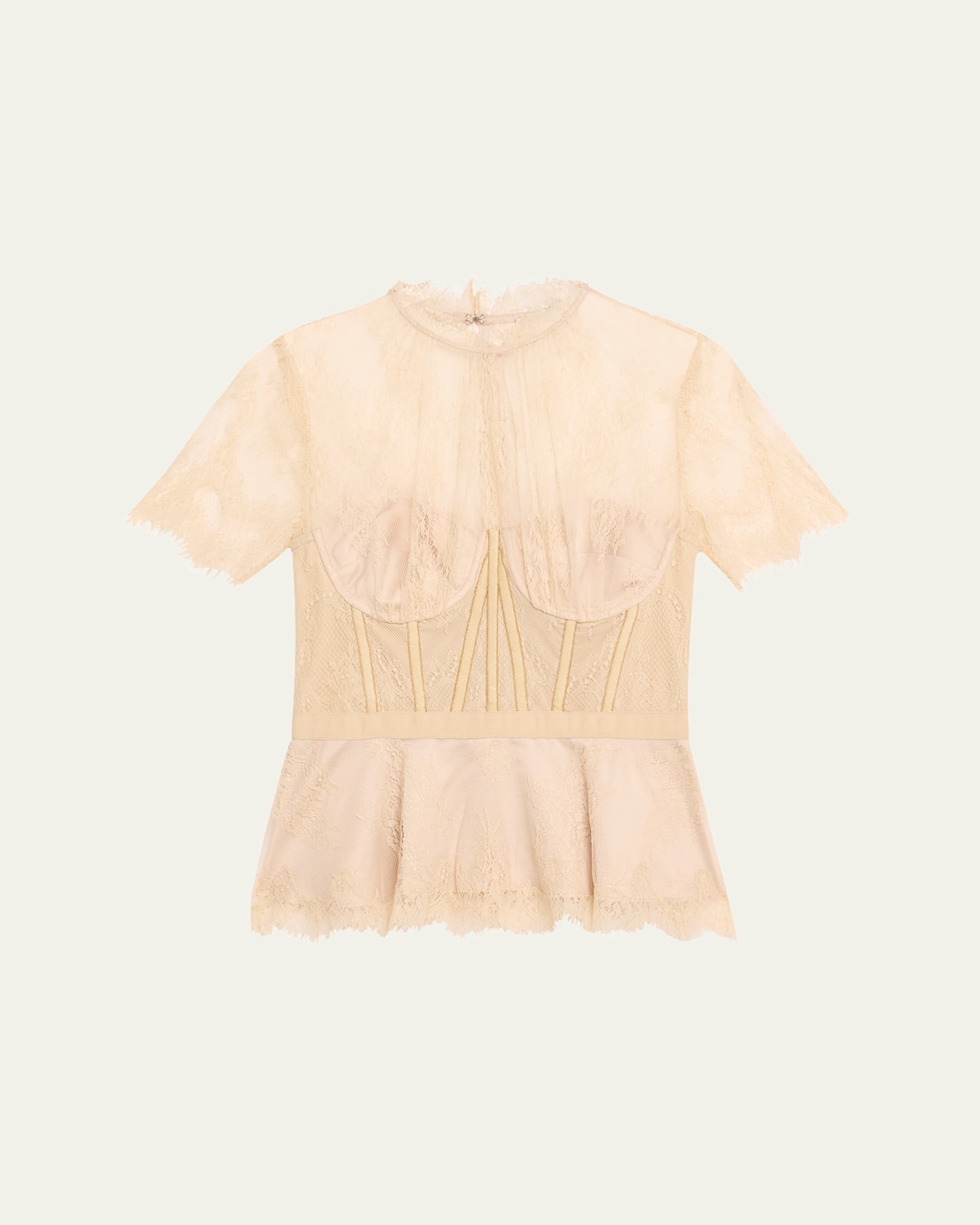 Kehlani Sheer Lace Short-Sleeve Peplum Bustier Top