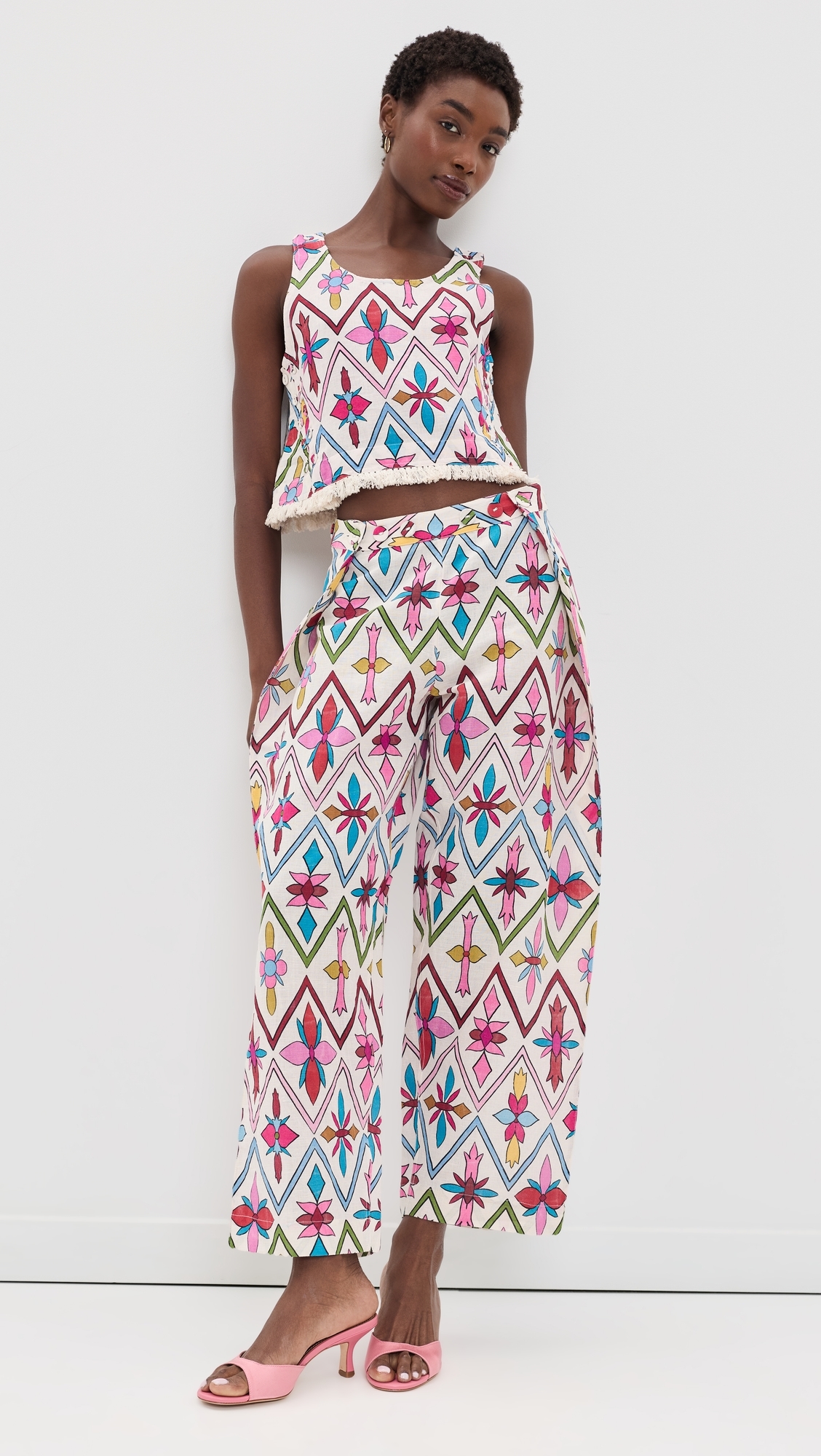 Adjustable Marina Button Pants Lattice Floral Lotus Flower One Size