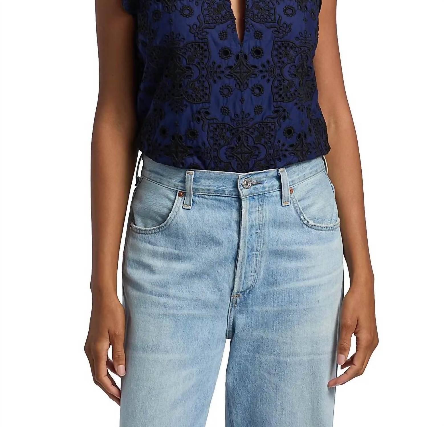 Maris Embroidered Cotton Top In True Navy