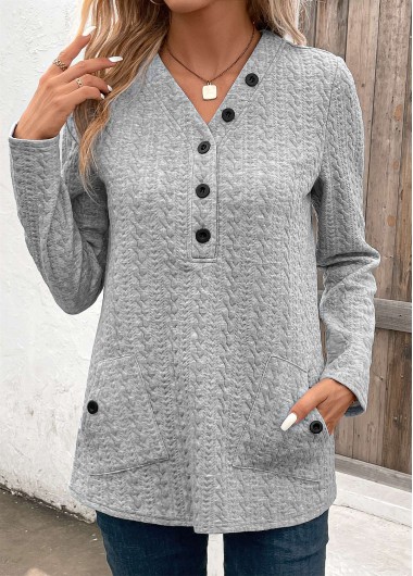 Modlily Light Grey Pocket Long Sleeve V Neck Sweatshirt