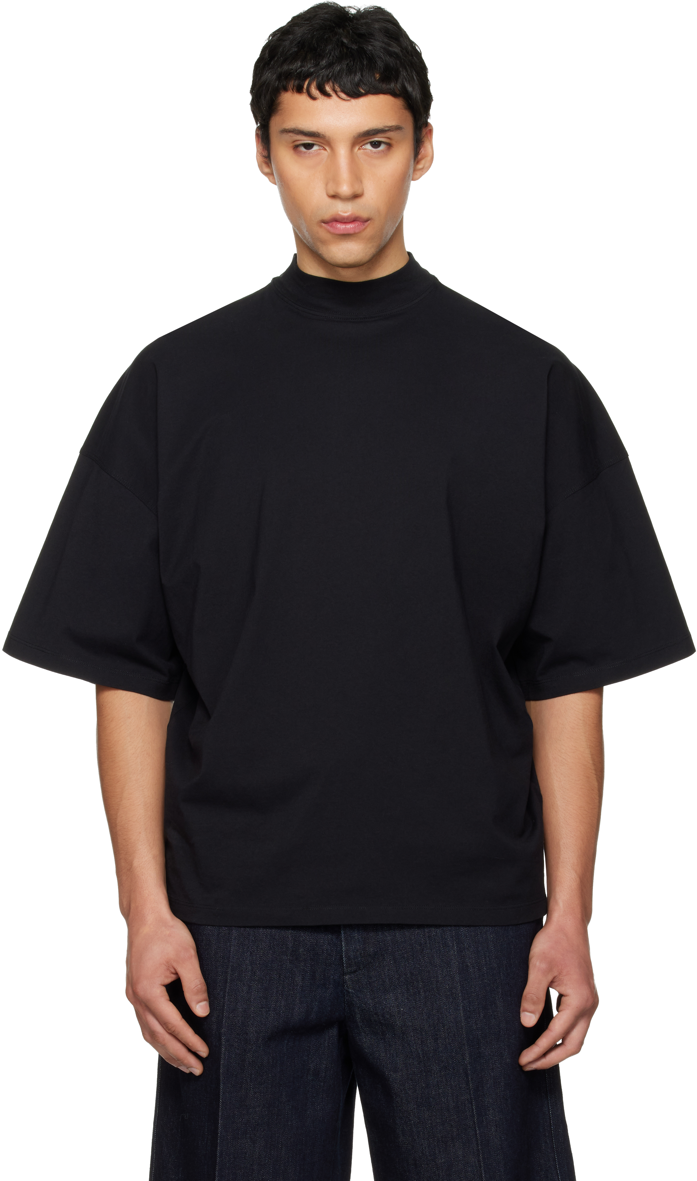 Black Cotton Mock-Neck T-shirt