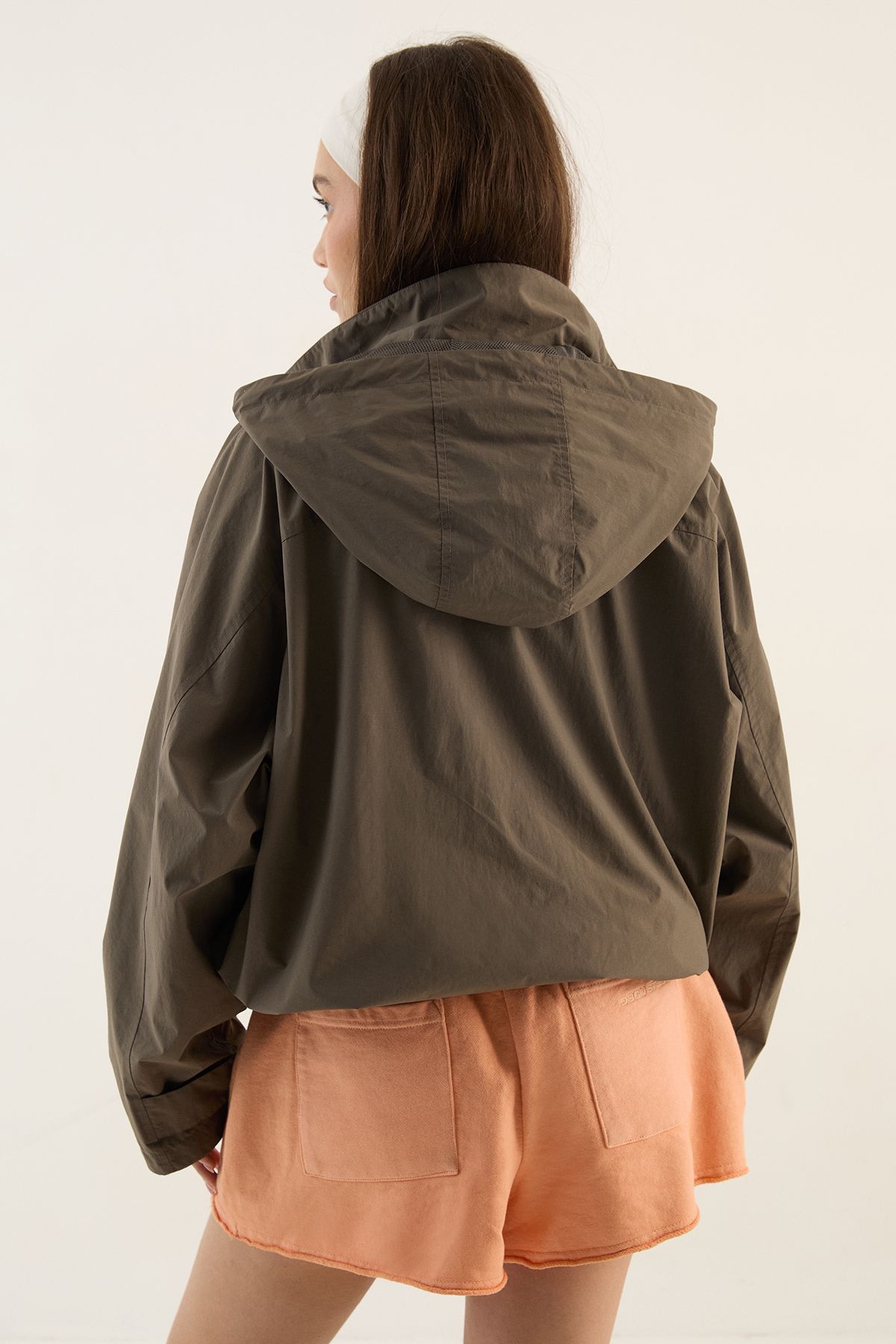 DSGN Studio Womens Funnel Neck Hooded Waterproof Windbreaker - Dark Brown Nylon